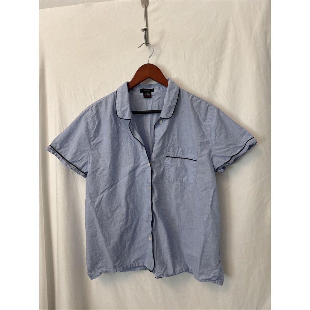 J.Crew Women’s Light Blue Pajama Top Short Sleeve Button Navy Piping Preppy M